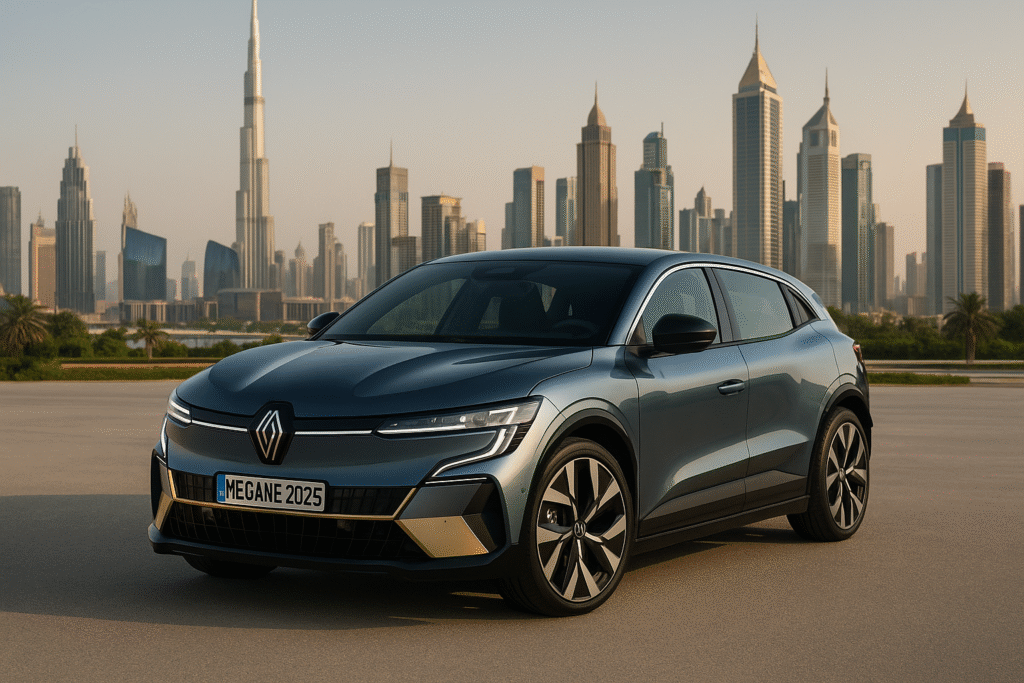 Renault Megane E-Tech 2025 blue-grey crossover rental in Dubai – On Track