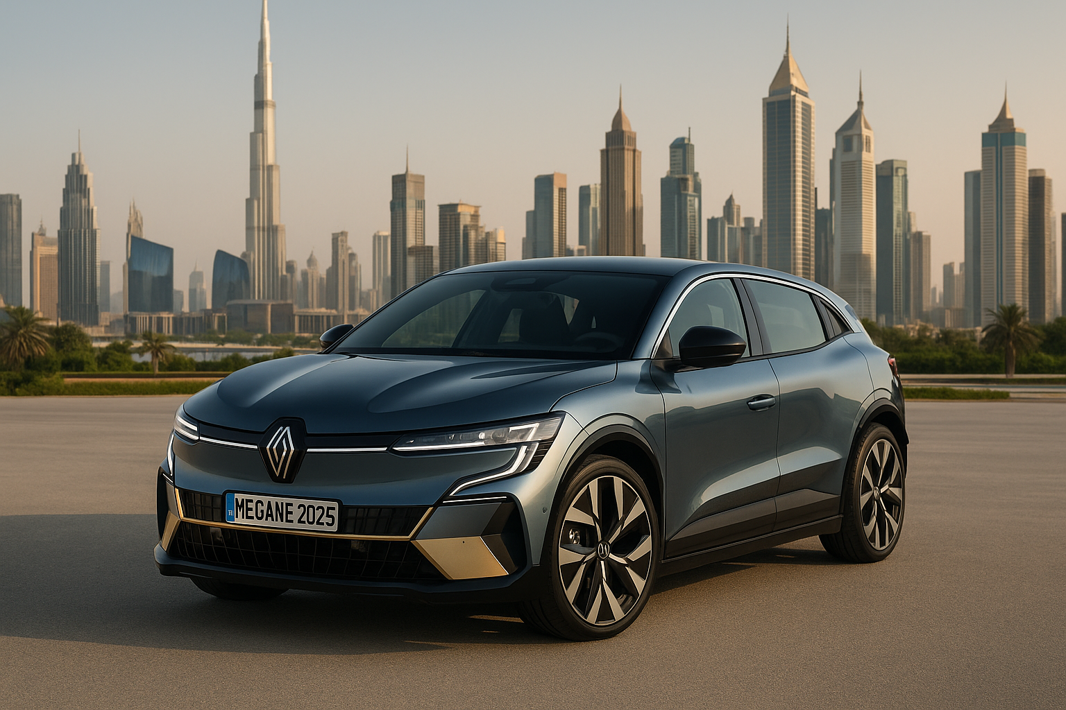 Renault Megane E-Tech 2025 blue-grey crossover rental in Dubai – On Track